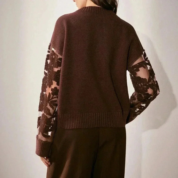 Coffee Brown Casual Women's Floral Pattern Knit Round Neck Drop Shoulder Sweater - Picture 2 of 6